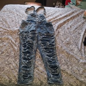 distressed jean overalls